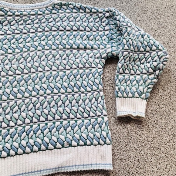 VTG Bonwit Teller Trippy Puff Sweater Men L Cotton Chain Knit Blue Green Indie - Picture 13 of 14